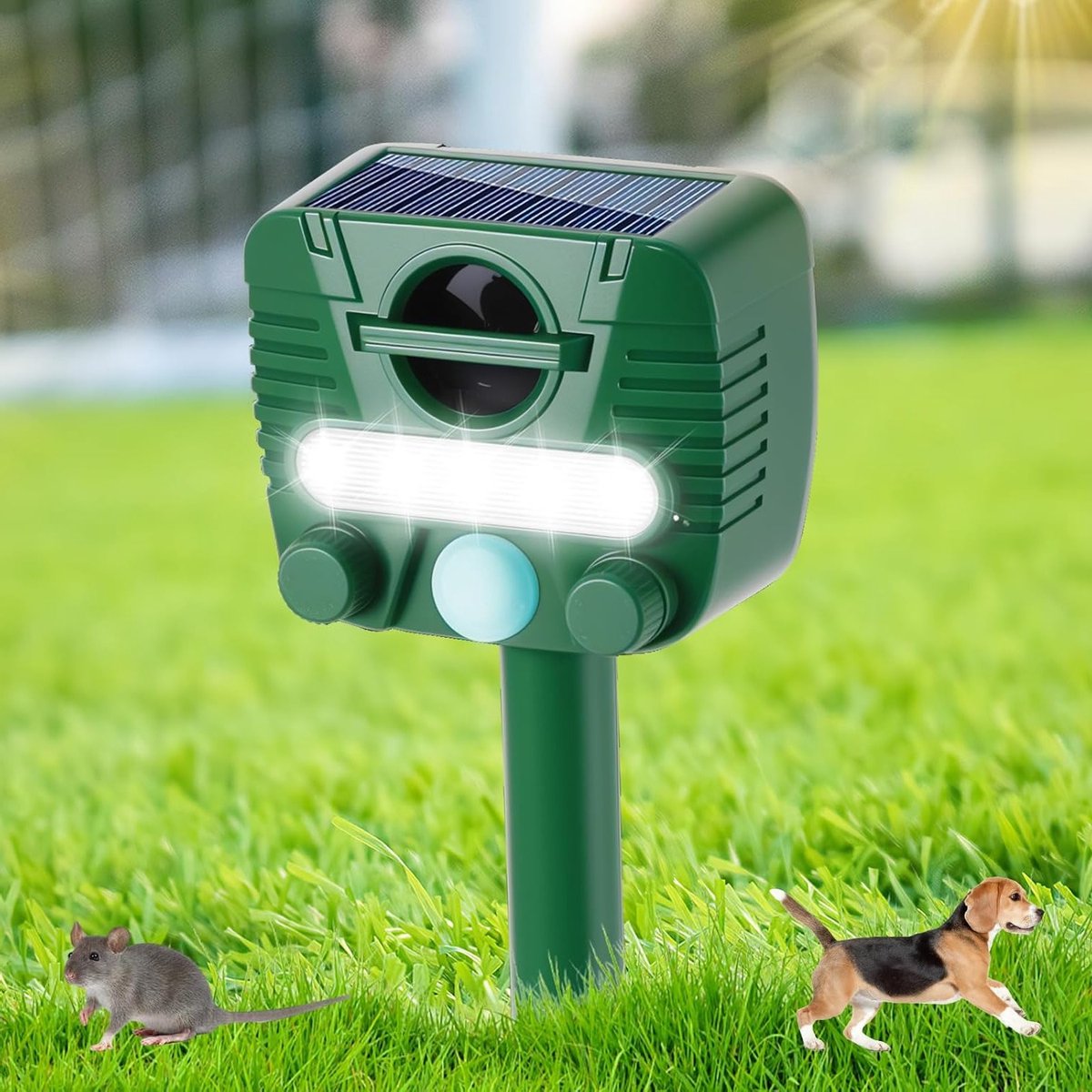 Ultrasone Kat Afschrikker voor de Tuin met PIR Sensor, 5 Instellingen en Waterdichte Grondpen, Dieren Afschrikmiddel voor Buitengebruik