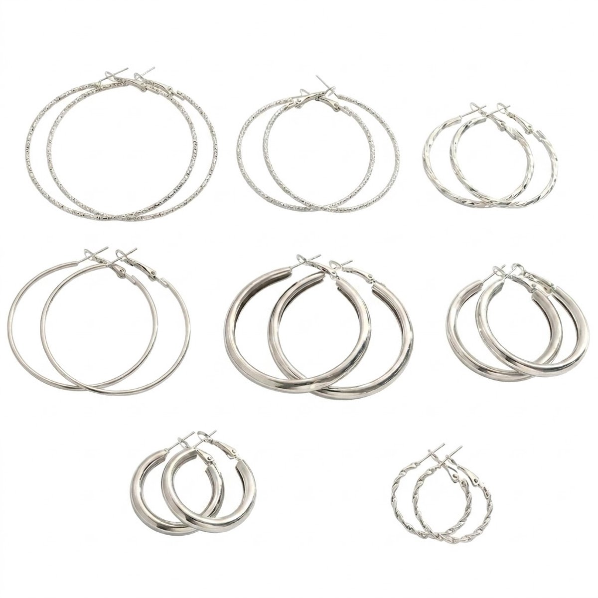 Set van 8 Paar Zilverkleurige Hoepel oorbellen voor Dames – Diverse Maten en Designs met Gladde, Gedraaide en Gehamerde Afwerking