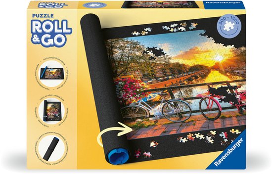 Tapis de puzzle Roll & Go Ravensburger avec une image des canaux d'Amsterdam avec des vélos.
