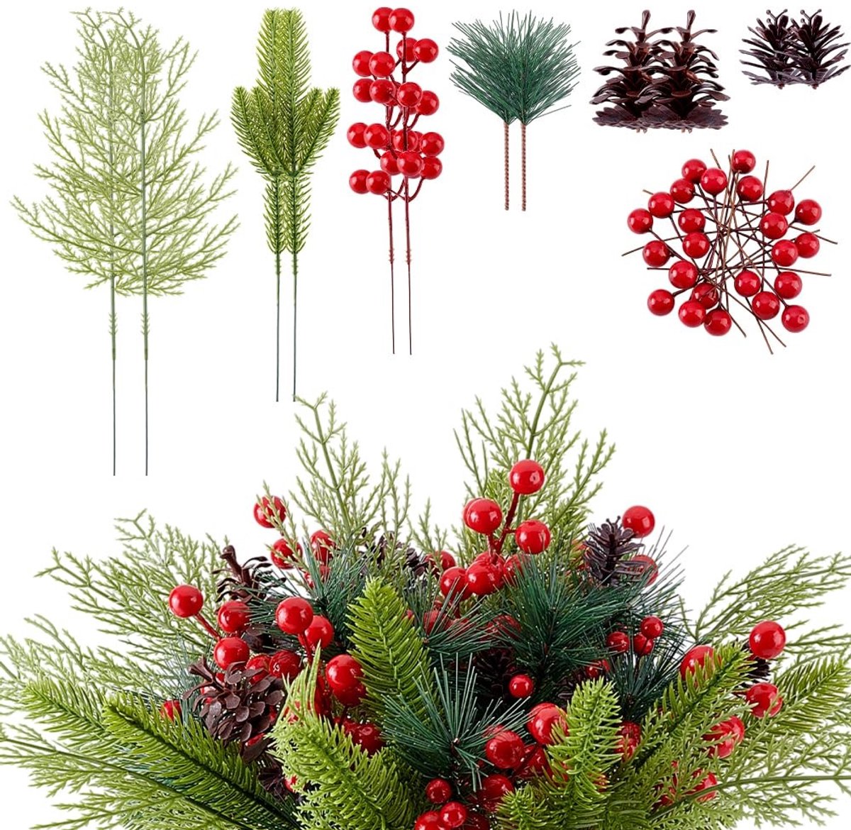 Dailygoods- Kunstdennenappels 160 Stuks - Kunstdennennaalden - Kerstdecoratie - DIY - Takken/Bessen - Afmetingen variërend van 3,10 tot 33,80 cm