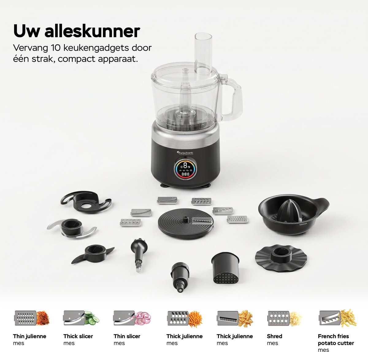 TurboTronic FP700 Foodprocessor - Keukenmachine - 1.2 Liter - Keukenrobot - 1900W - Zwart thumbnail 7