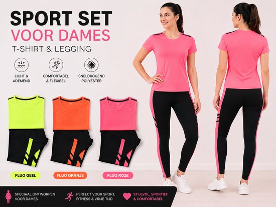 Dames sportset met roze T-shirt en zwarte legging met roze accenten. Ook verkrijgbaar in fluo geel en fluo oranje.