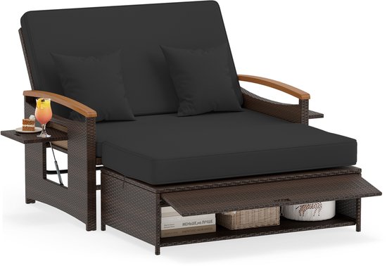 COSTWAY Ensemble de salon en rotin 3 en 1, lit de jour double, canapé 2 places avec pouf, fonction couchage, dossier réglable et rangement, mobilier de jardin pour terrasse de piscine (noir)