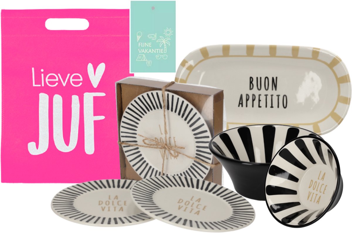 Juf cadeau - Servies Cadeaupakket La Dolce Vita - Incl Cadeautas 'Juf' & Vakantiekaart - Juffen cadeau - Juf bedankt - Juffendag - cadeau vrouw