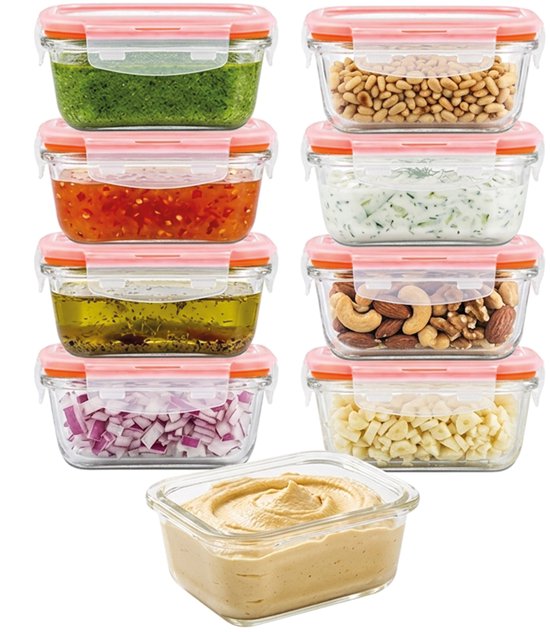 Lock&Lock Verres mini contenants alimentaires | Récipients en Verres avec couvercles | Plats à four avec couvercle - Set de 9 pièces - 160 ml