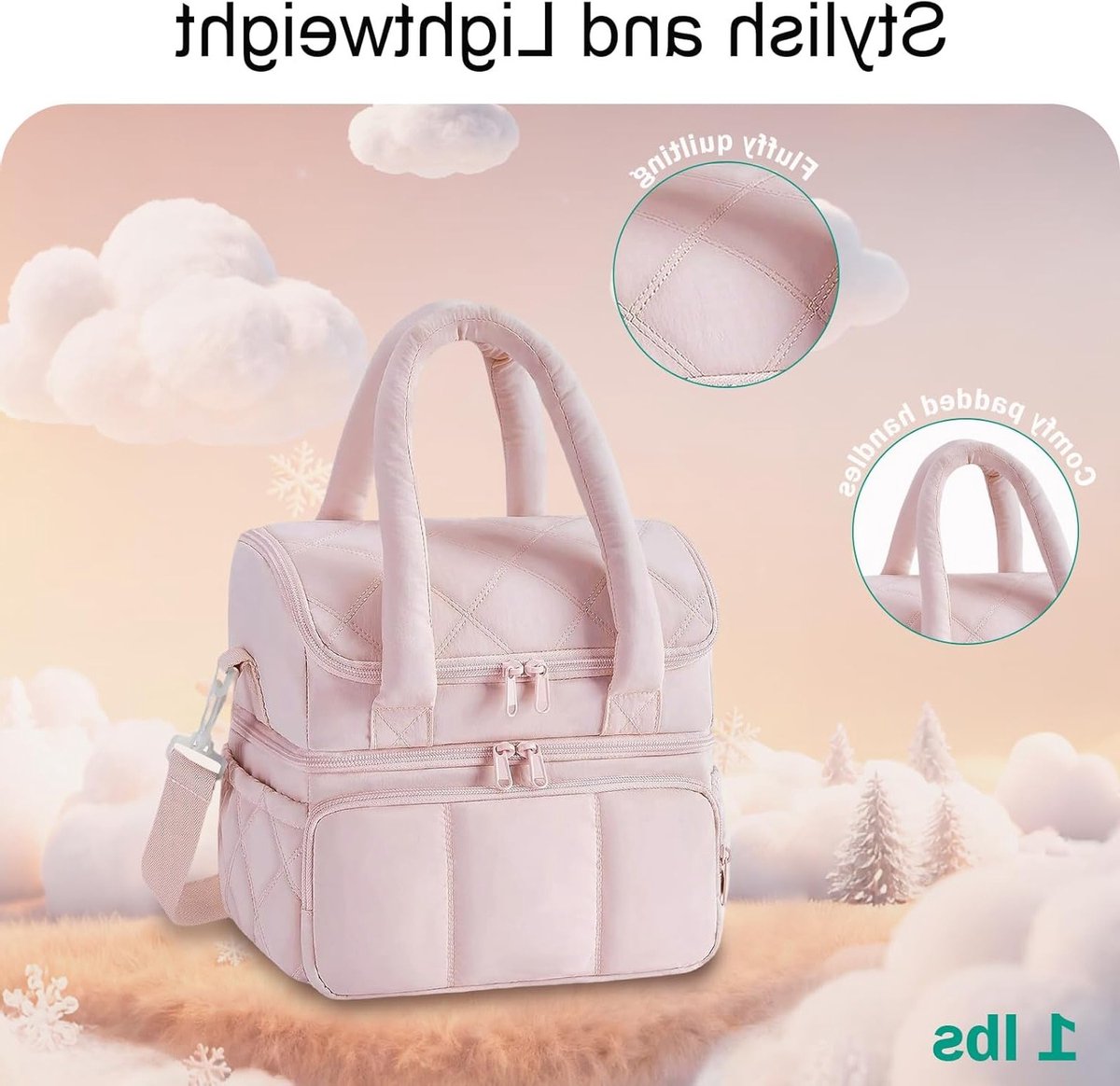 Draagbare koeltas met schouderbanden, geïsoleerde picknicktas voor werk, school en uitjes, gewatteerd en stijlvol (roze)