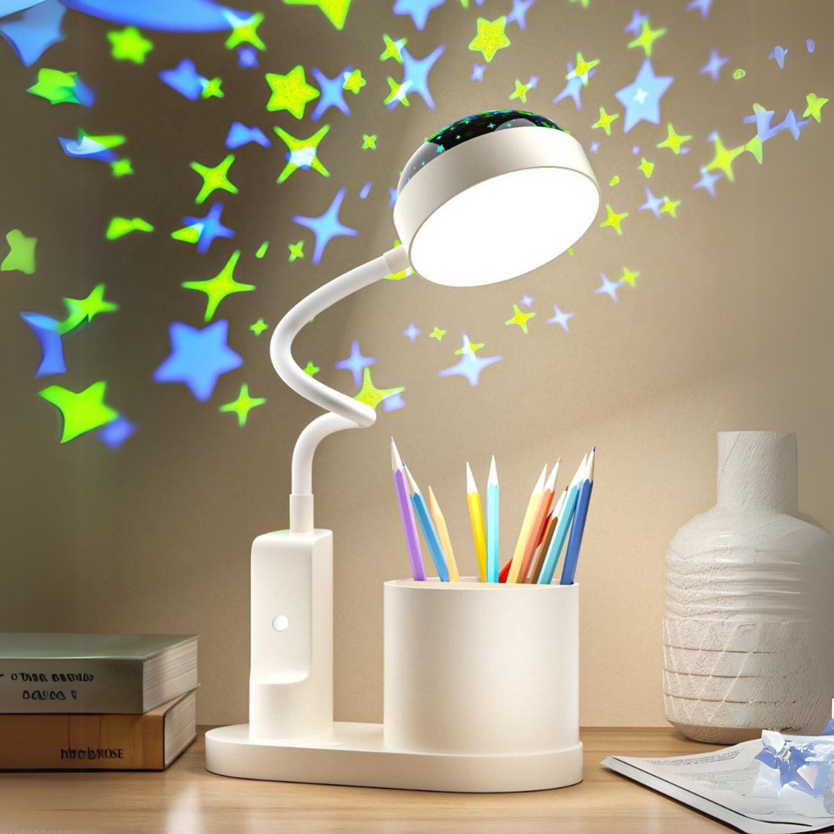 QIN® Bureaulamp Kinderkamer - Tafellamp Kinderkamer - Voor Jongens en Meisjes - Wit - 12cm x 21cm x 43cm