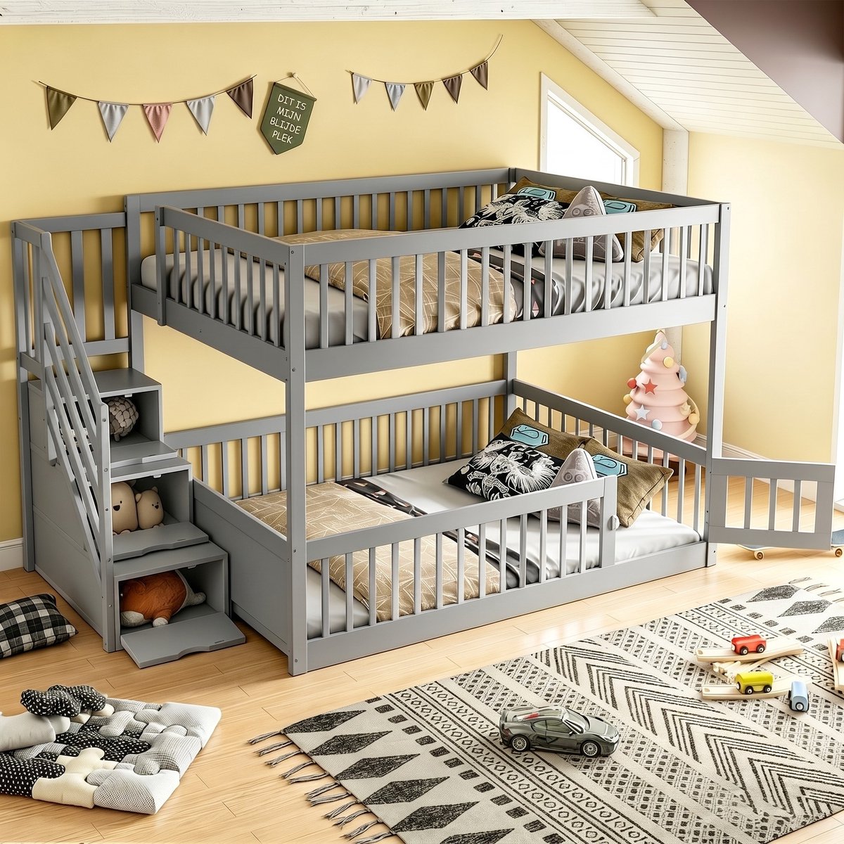 VVBV Stapelbed 140x200 / Stapelbed met opbergruimte / Stapelbed met trap – met Lades – Massief Hout – Grijs – Voor Kinderen en Tieners Gray