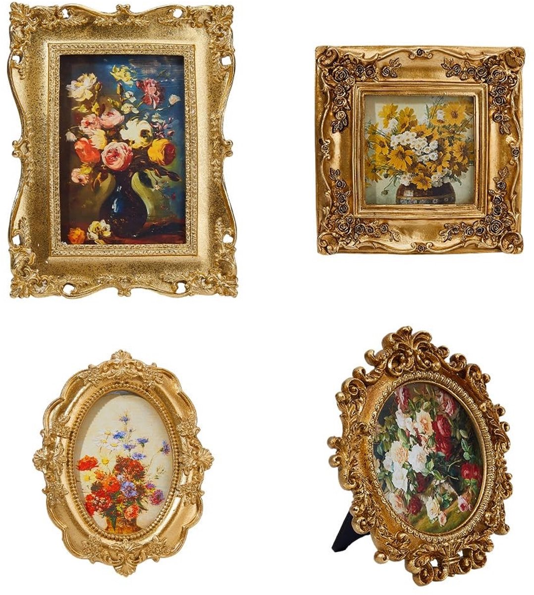 Dailygoods- Fotolijst Set 4-delig - Vintage Ronde/Rechthoekige/Ovale/Square - Tafelframe/Wandmontage - Goudkleurig Hars - Klassiek Ontwerp - Decoratief Frame
