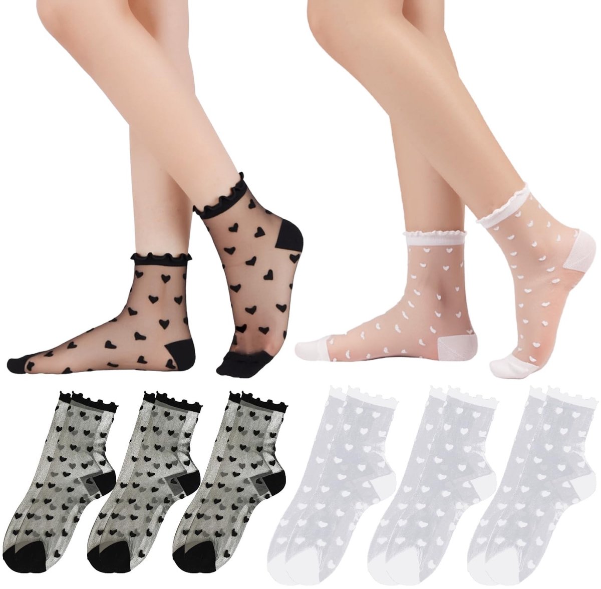 Dailygoods- Sokken 6 Paar - Transparant met Ruches - Dunne Kousen - Hartvormig Stippendesign - Geschikt voor Dames en Meisjes - Nylon Materiaal