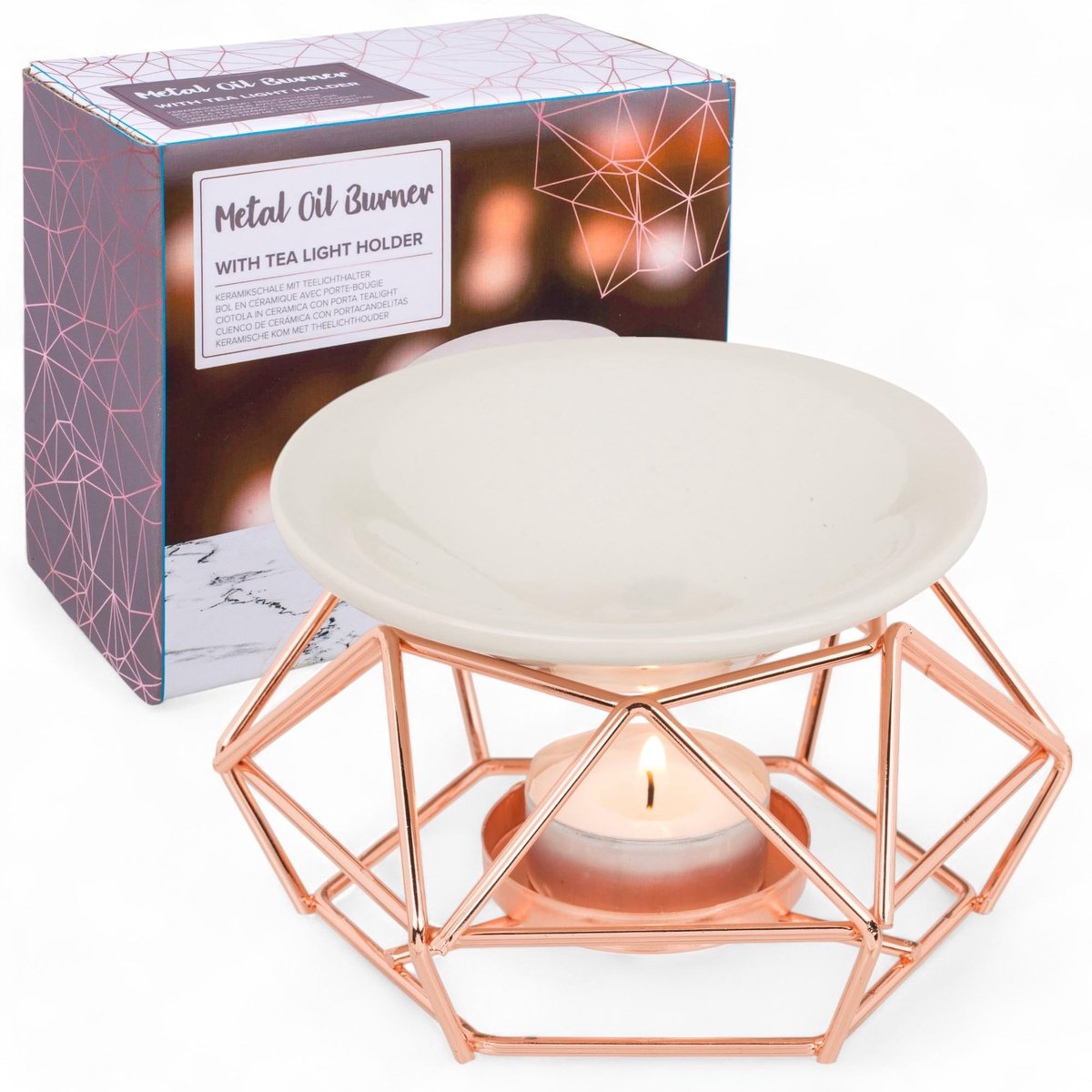 Dailygoods- Geurlamp met keramische schaal - Aromatherapie-diffuser - Theelichthouder - Industrieel design - 12 x 8 cm - Zwart/roségoud - Geurbrander