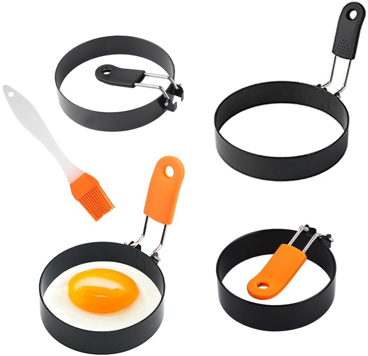 Dailygoods- Omeletvorm 4 Stuks - Roestvrij Stalen - Antikleef - Bakgereedschap voor Eieren - Inclusief Siliconen Kookolieborstel - Anti-brandwonden - Eierring