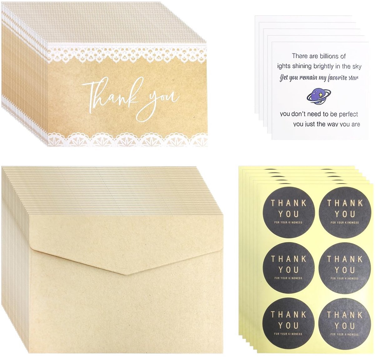 Dailygoods- Wenskaarten Set 30 Stuks - Enveloppen 30 Stuks - Stickers 30 Stuks - Zegenkaarten 5 Stuks - Kraft Papier - Milieuvriendelijk - Kaartset
