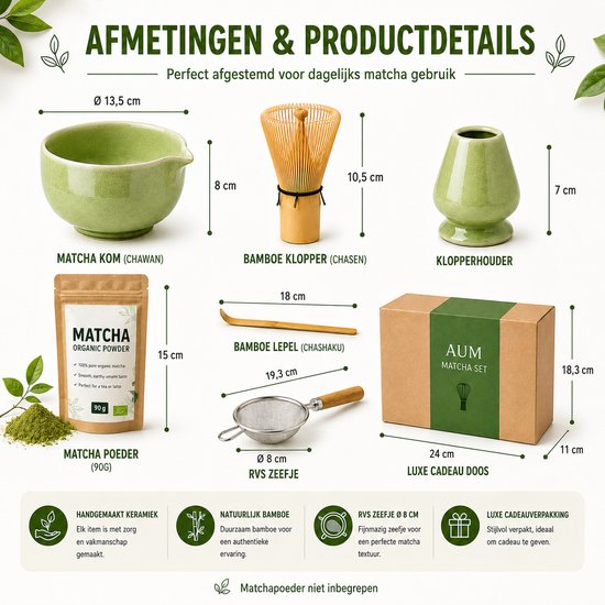 Afmetingen van een matcha set: kom, klopper, houder, poeder, lepel en geschenkdoos.