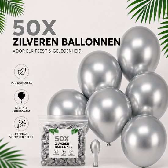 Vijftig zilveren metallic ballonnen van 12 inch, met tekst die "50X ZILVEREN BALLONNEN VOOR ELK FEEST & GELEGENHEID" aangeeft. Twee palmbladeren aan de zijkanten.