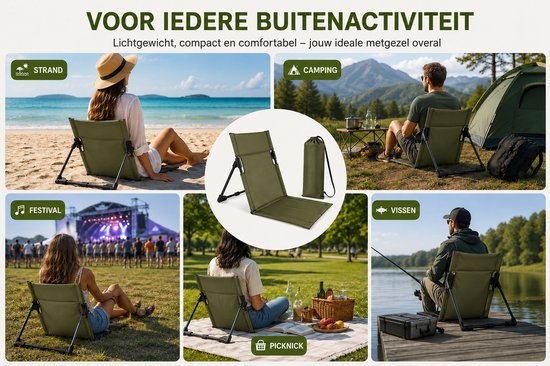 Strandstoel opvouwbaar - Strandmat met rugleuning - Campingstoel - Opvouwbaar Strandbedje met Rugleuning - campingstoel met draagtas - voor strand, camping, picknick, tuin - Army Green — afbeelding 5