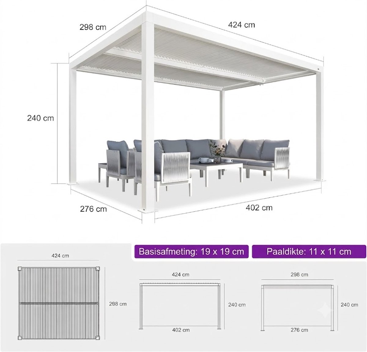 Purple Leaf Pergola avec toit à lames orientables et éclairage LED 4,25 x 3 m - blanc