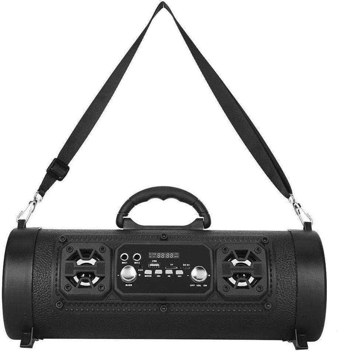 Draagbare Bluetooth-speaker, draadloze speaker (3000 mAh) met subwoofer, 15 W vermogen, Bluetooth-speaker met FM-radio en dubbele microfoon voor thuis en buitenshuis – Zwart