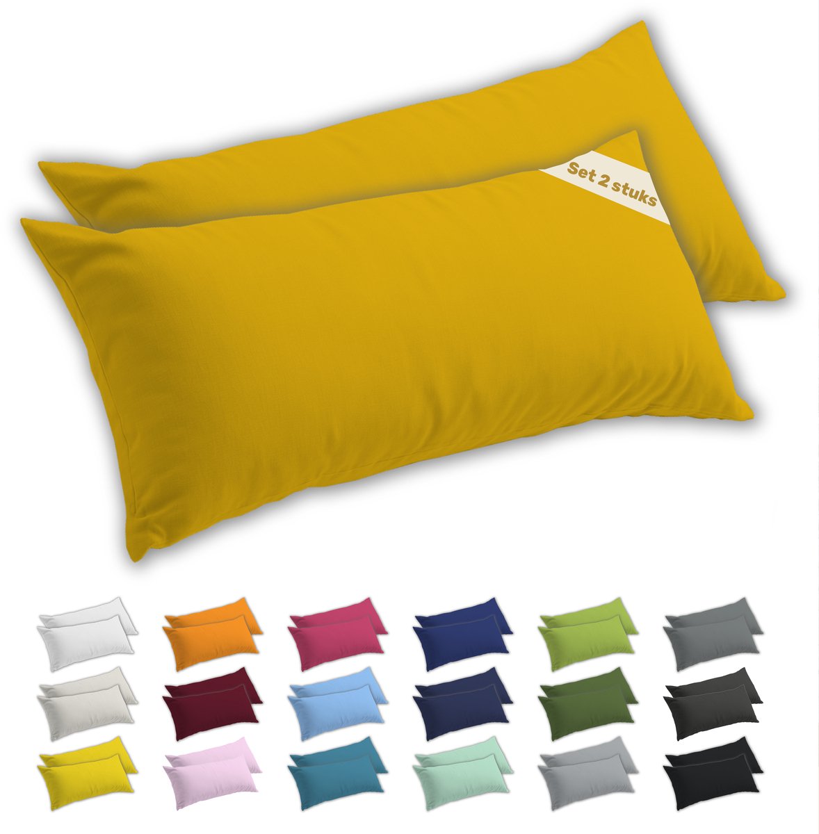 Lavea® Zijslaapkussenslopen 40x145 cm Set van 2 – Kussenhoezen van 100% Zachte en Ademende Jersey Katoen met YKK Ritssluiting – Goudgeel