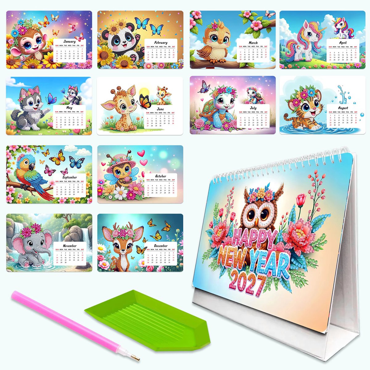 Kalender 2027 - Dieren - 010 - compleet pakket - Diamond painting by Wietske
