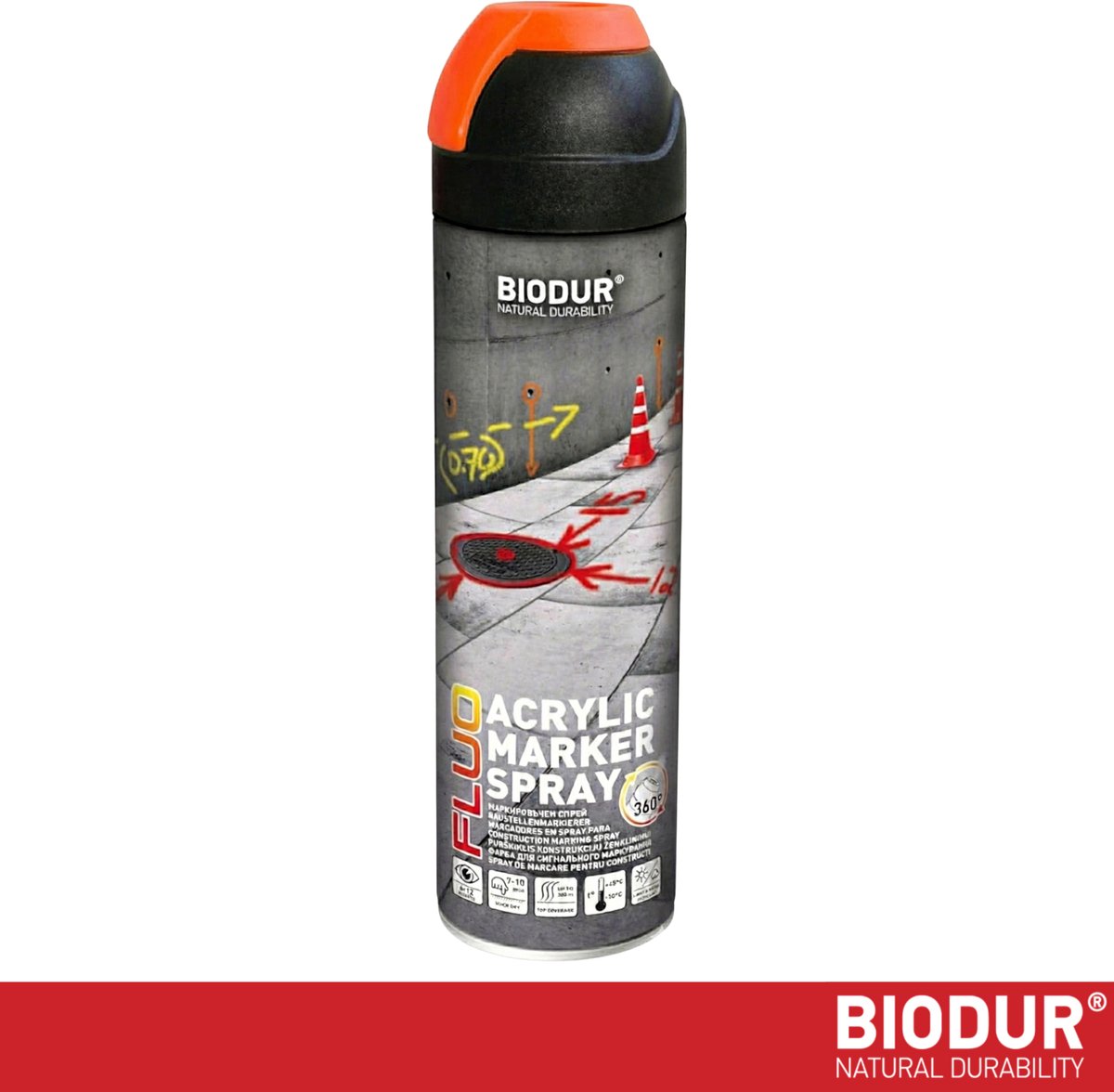 BIODUR Acryl Markeerspray - Oranje - 500 ML - Fluorescerend - 360 graden Ventiel - Weer/UV-bestendig - Sneldrogend - Hoge zichtbaarheid