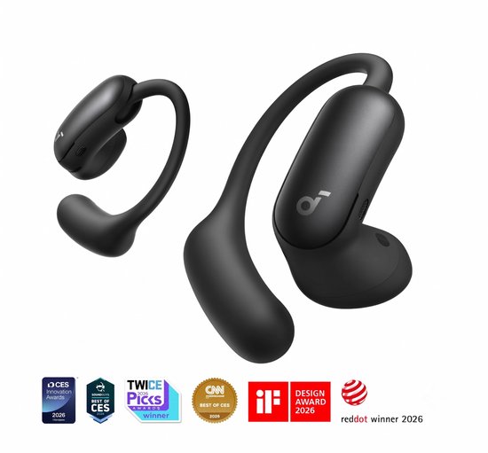 Zwarte AeroFit 2 Pro oordopjes met oorhaken en awards.