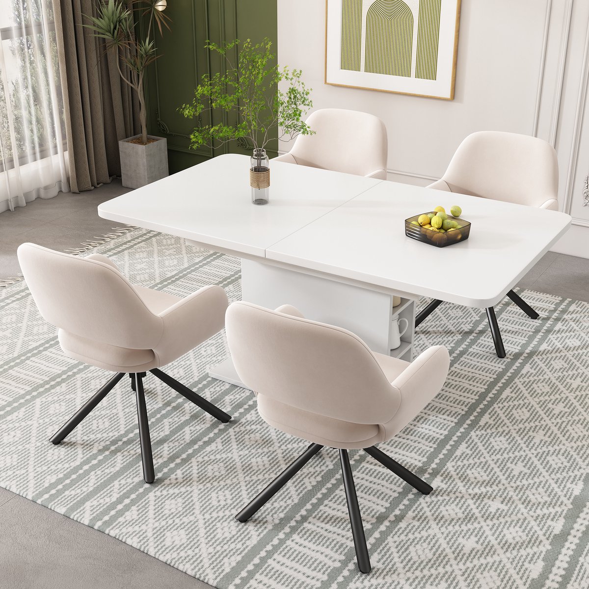Wishdor Eetkamerstoelenset - Draaibaar Met Armleuningen - Moderne Uitstraling - Fluweel En Metaal - Beige 4-Delig