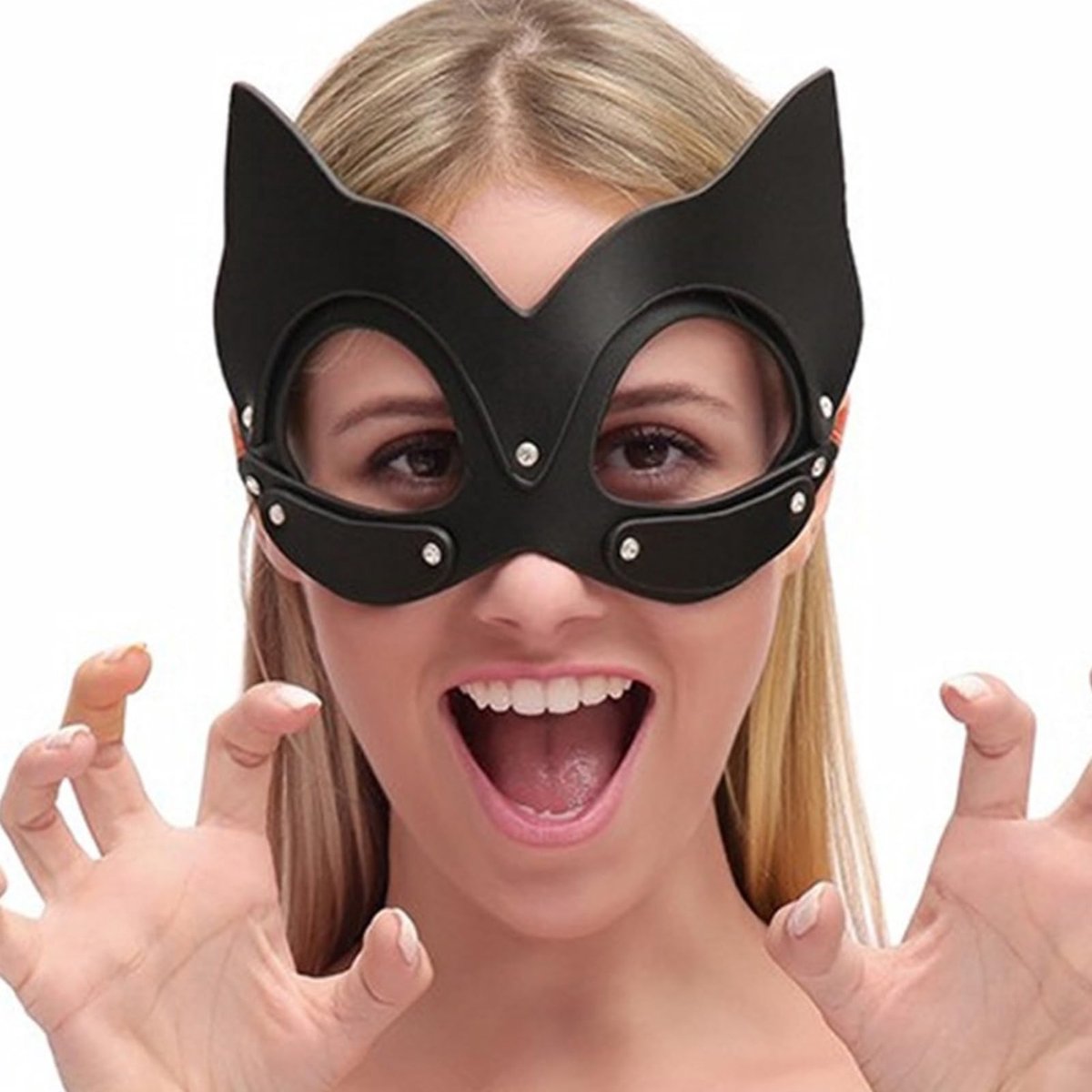 Dailygoods- Kattenmasker Lederen - Verstelbaar Dierenmasker - Halfgelaatsmasker - Feestmasker - Cosplay - Afmetingen 12,5 cm x 21 cm