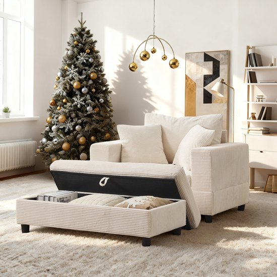 MODENUIT Chaise Longue - Met Voetenbank & Opbergruimte - Voor Woonkamer En Slaapkamer - Hout En Metaal - Beige