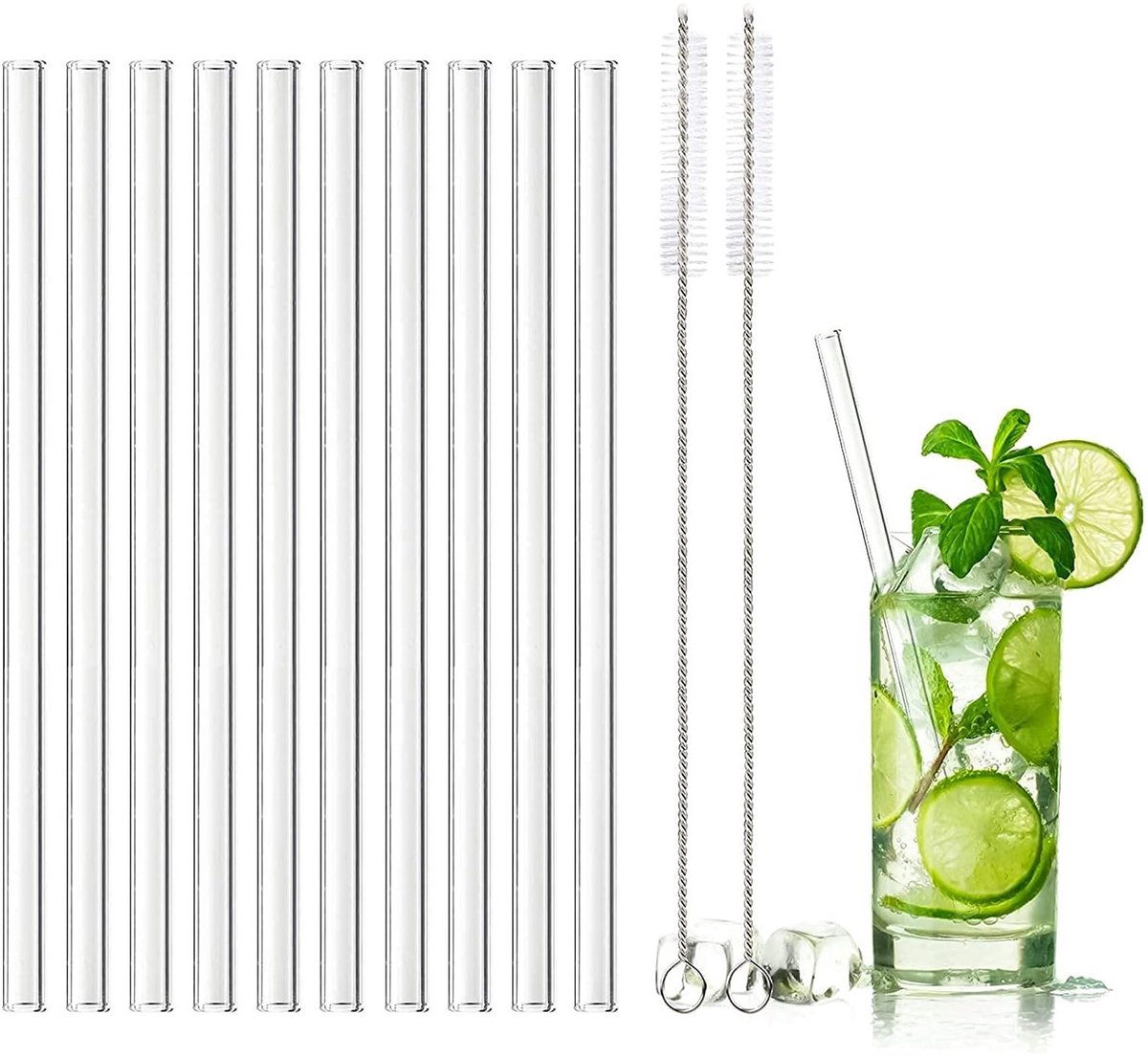 LIVIA HOME- Glazen Rietjes 20 cm - Herbruikbaar - Met Reinigingsborstels - Geschikt voor Alle Dranken - Borosilicaatglas - Duurzaam en Vaatwasserbestendig - Drinkrietjes
