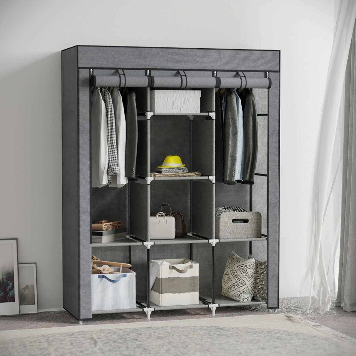 REDOM Stoffen Kledingkast - Met Hangroedes En 8 Planken - Modern - Slaapkamer - Stof - Donkergrijs - 125 x 43 x 162,5 cm