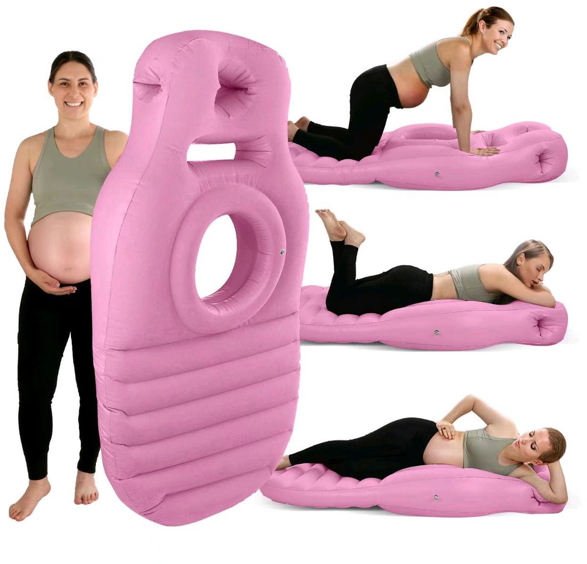 Opblaasbare PVC-slaapmat voor zwangere vrouwen, O-vormige slaapmat, comfortabele positioneringsmat tijdens de zwangerschap (roze + luchtpomp volgens Europese norm) - 165*70*25 cm
