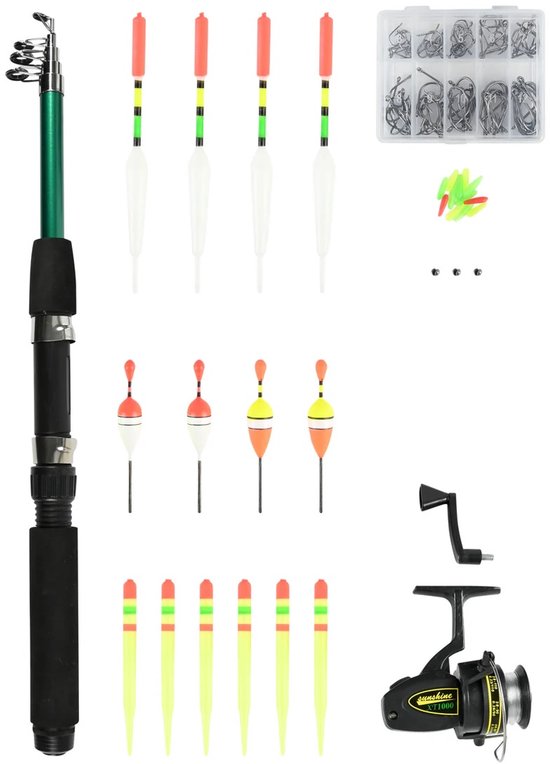 Zwarte vishengel, opvouwbaar, met molen en diverse accessoires zoals dobbers en haken.