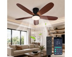 MUPOO Houtlook Plafondventilator met Lamp 106 cm- Afstandsbediening & App Bediening - Stille & Dimbare LED - Zomer en Winterstand-6 Snelheden & Geheugen-ventilator lamp Voor Slaapkamer en keuken