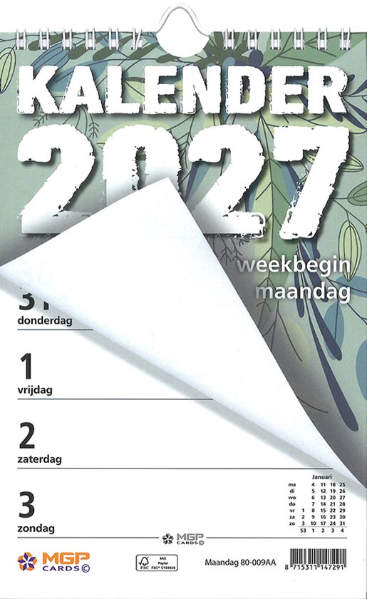 Kalender 2027 met groene bladeren, week begint op maandag. Toont datum 1, 2, 3 voor vrijdag, zaterdag, zondag.