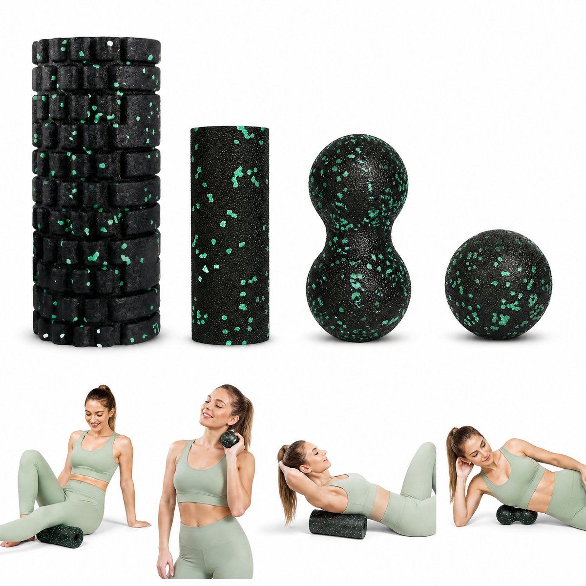 EPP Fascia Massage Set 4-delig – Yoga Massage Rollen Set met Peanut Ball – Zelfmassage Triggerpoint Set – Zwart/Groen