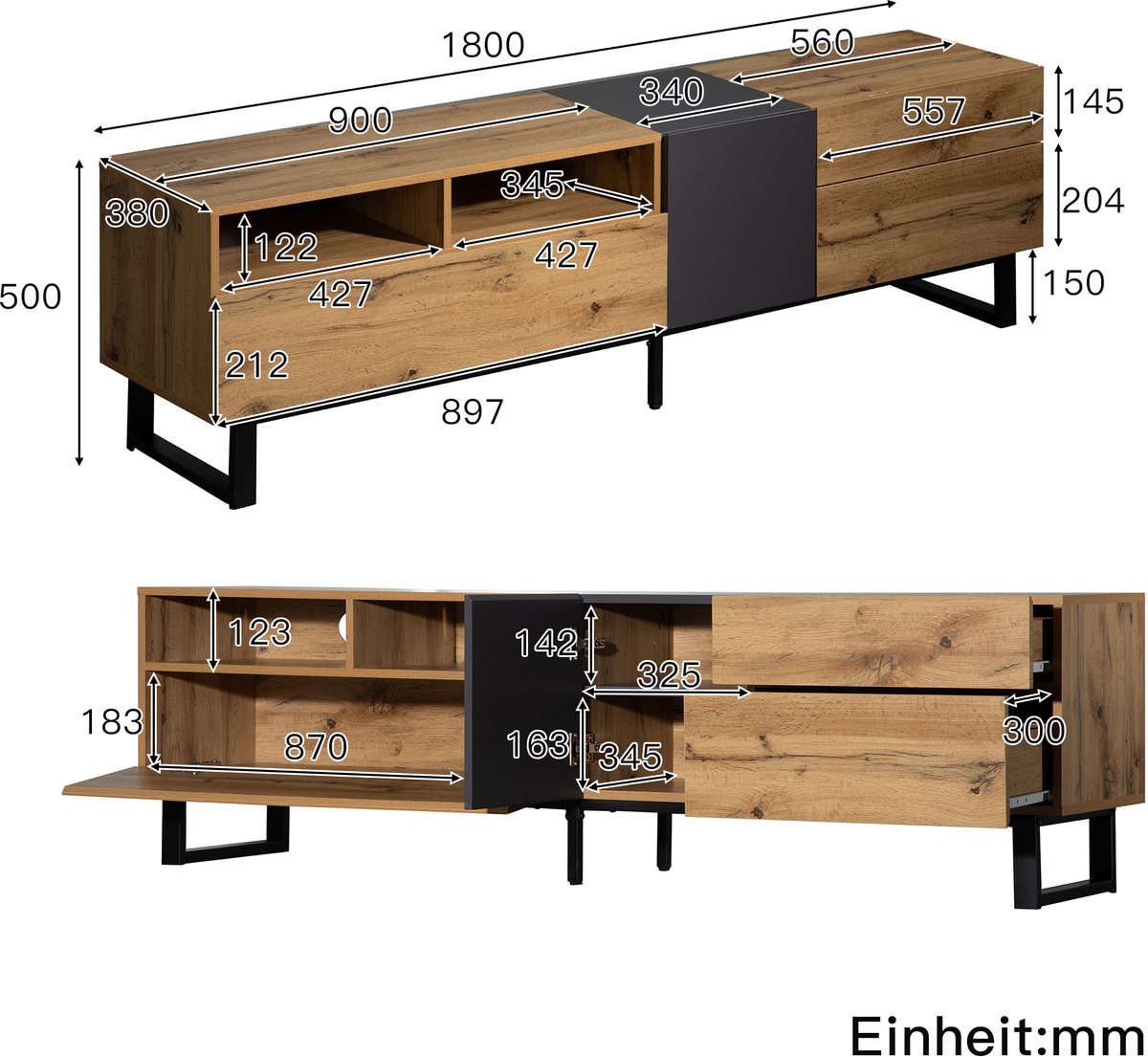 TV-meubel 180 cm Eiken & Antraciet – Modern TV-kast met Opbergruimte, Schuifladen en Zwart