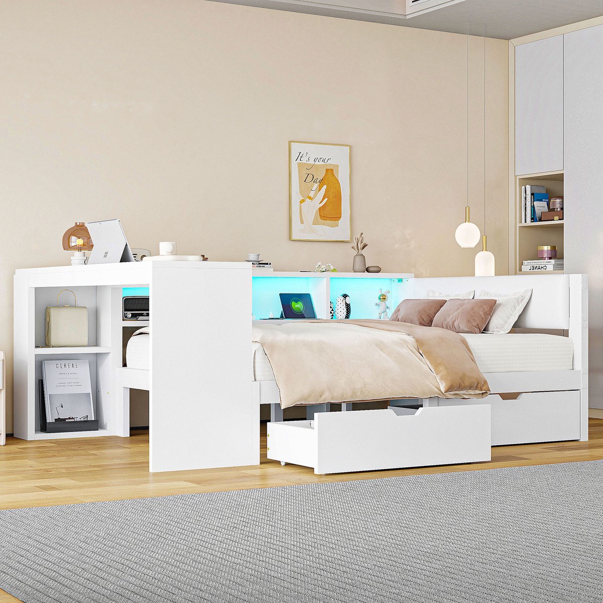 Clruro Platformbed - 140x200 - Houten bed met lades, oplaadstation, hoofdeinde en LED verlichting - hout - wit - zonder matras