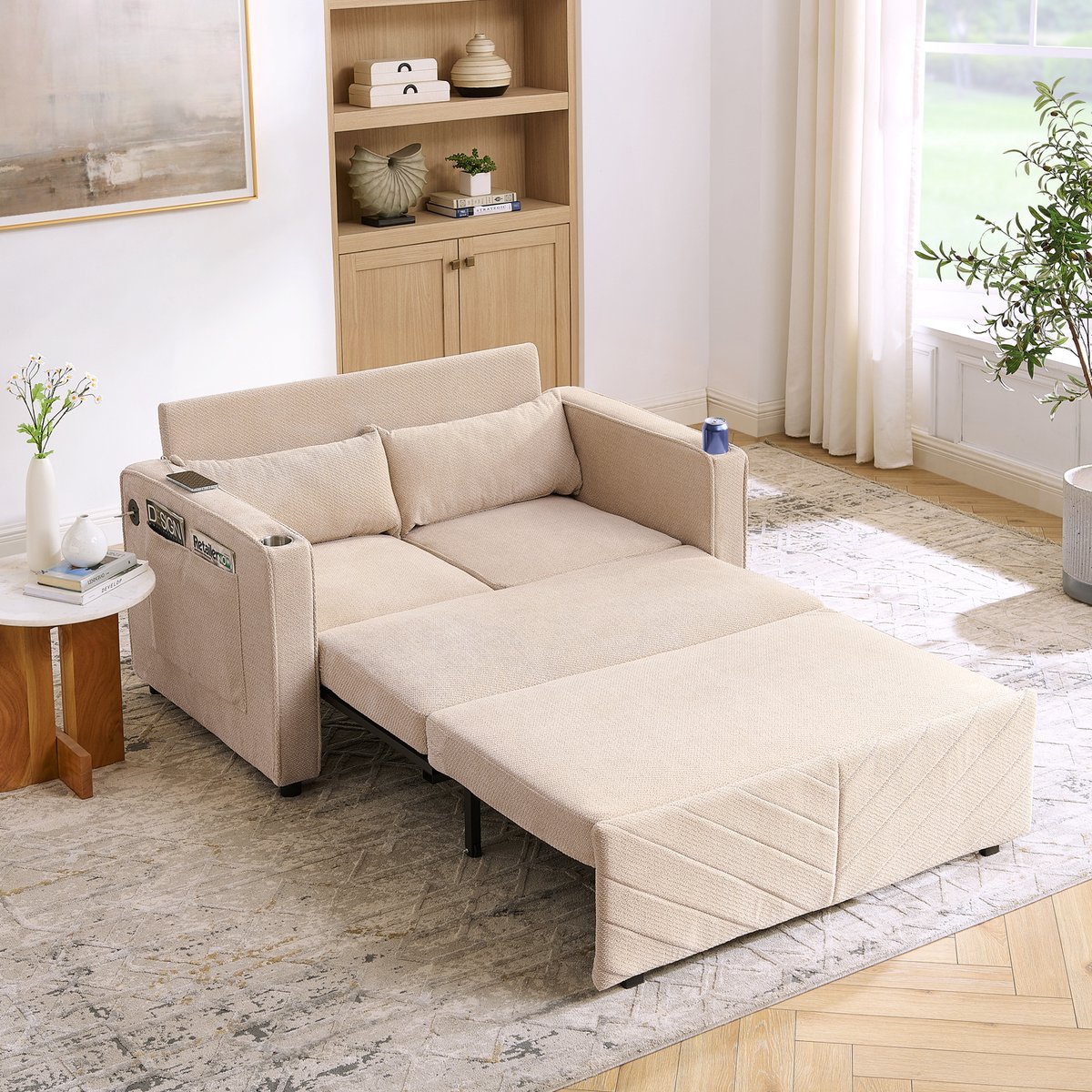 Slaapbank 2-Zits - Uitschuifbaar Bankbed Met USB - Beige - 3-In-1 Design