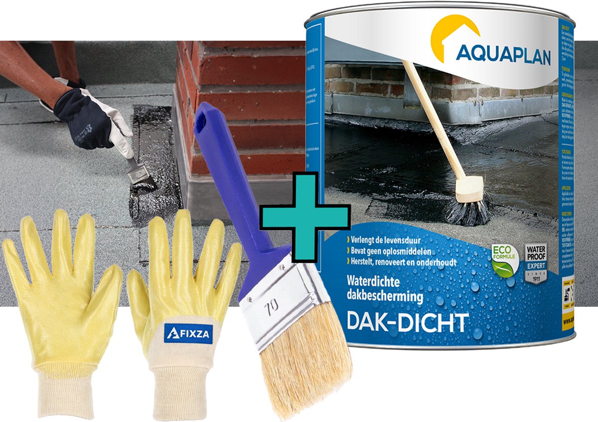 AQUAPLAN DAK-DICHT Dakcoating – set – Waterdichte Renovatiecoating voor Platte Daken en Dakgoten – Vezelversterkt – Bitumen Dakbescherming – 4 kg