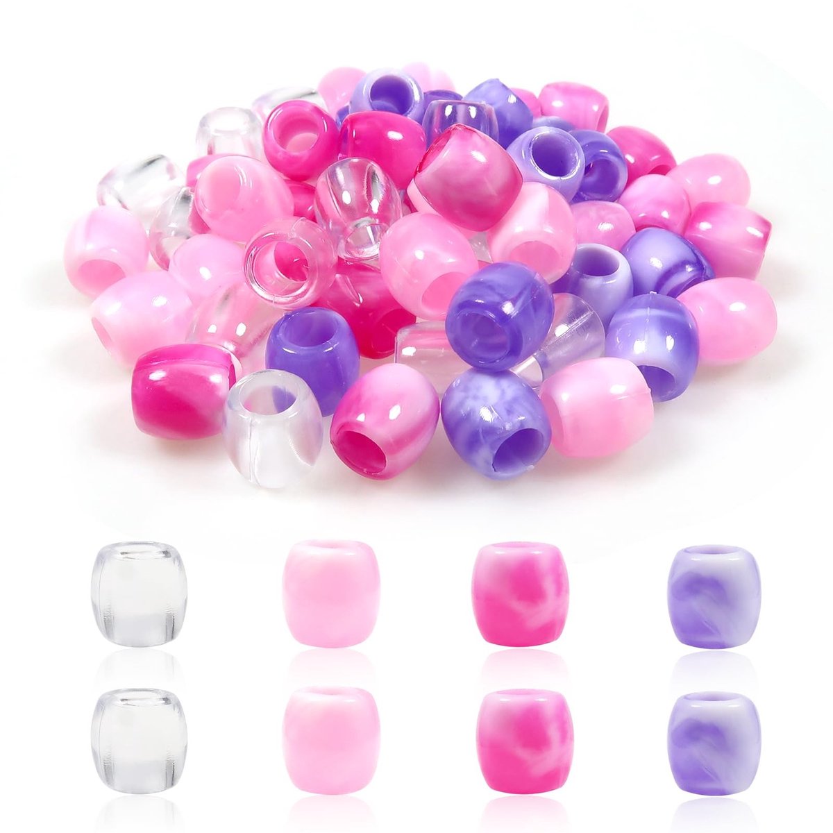 JHUBERS- Haarkralen 60 Stuks - Acryl Kralen - Roze/Paarse/Lichtroze/Transparante Kralen - 11 x 12 mm - Voor Sieraden Maken - Unieke Decoratie