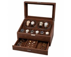 Gloovon® Watchwinder - Horlogewinder voor 4 Automatische Horloges - Inclusief 6 Extra Vakken & Sieradenlade - LED & Stop-functie - USB-C - Bruin