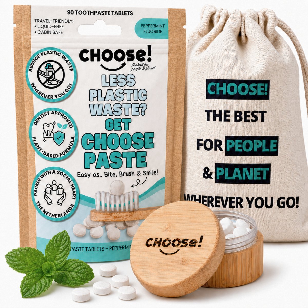 Bol.com CHOOSE 12-Maandpakket - Tandpasta Tabletten met Bamboe Pot en Katoenen Zakje - 12-Maanden Voorraad - Tandpasta Voordeelv... aanbieding
