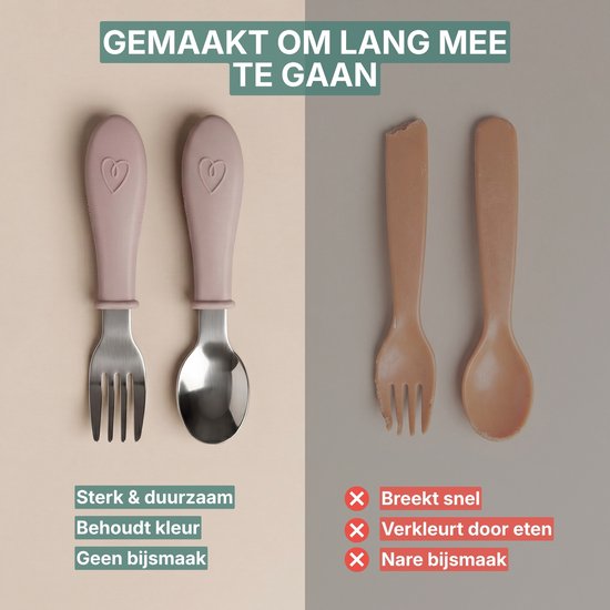 Broemba RVS Kinderbestek - Set van 4 stuks - 2x Baby Lepel & Baby Vork - 100% BPA-vrij Babybestek - Lepeltjes en Vorkjes - Beige / Roze Peuterbestek van Broemba — afbeelding 4