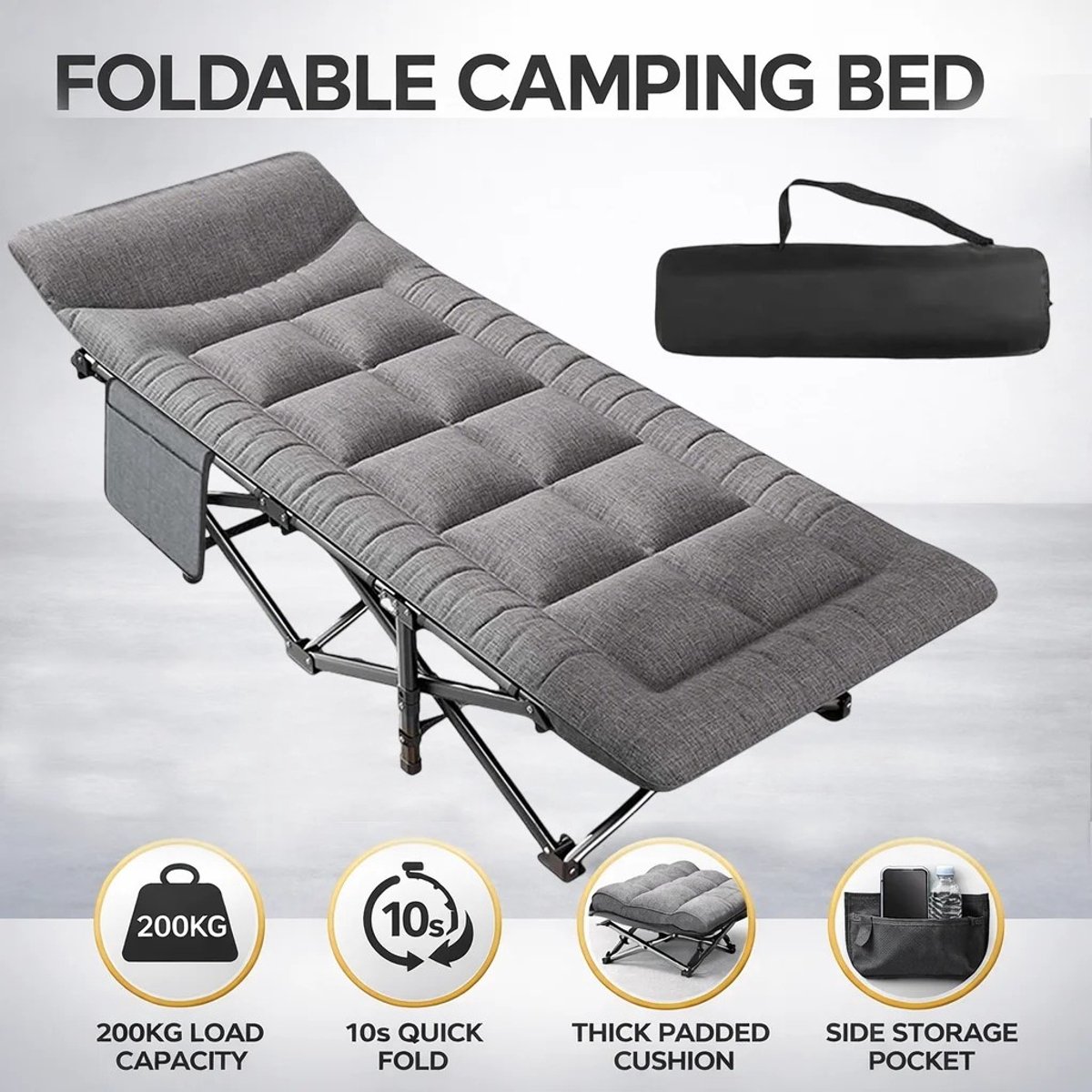 Dailygoods Opvouwbaar Campingbed 200 kg – Draagbaar Enkelvoudig Kampeerbed met Stalen Frame en Ingebouwd Kussen, Ideaal