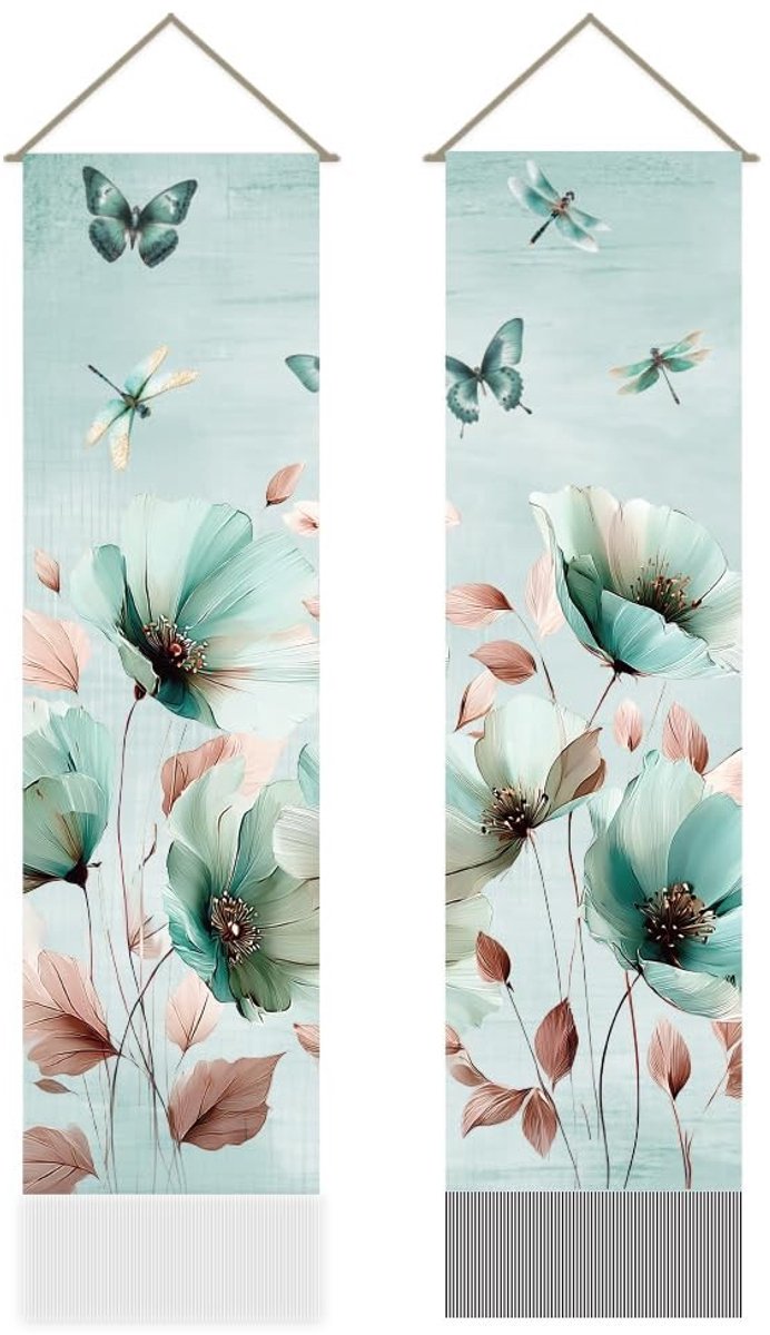 Dailygoods- Wandtapijt Esthetisch - Vlinders/Libellen - Boho Kamerdecoratie - 2 Stuks - 33 x 130 cm - Mystiek Design - Muurtapijt