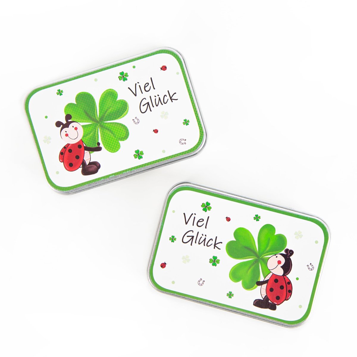 Dailygoods- Geschenkdozen met deksel - Kleine geschenkdozen - Metaal - Klaverblad - Lieveheersbeestje - Afmetingen 9,5 x 6,5 x 2 cm - Cadeaudozen