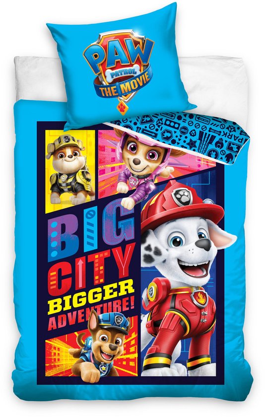Blauw dekbedovertrek met de Paw Patrol personages Chase, Marshall, Skye en Rubble in actie, met de tekst 'BIG CITY BIGGER ADVENTURE!'.