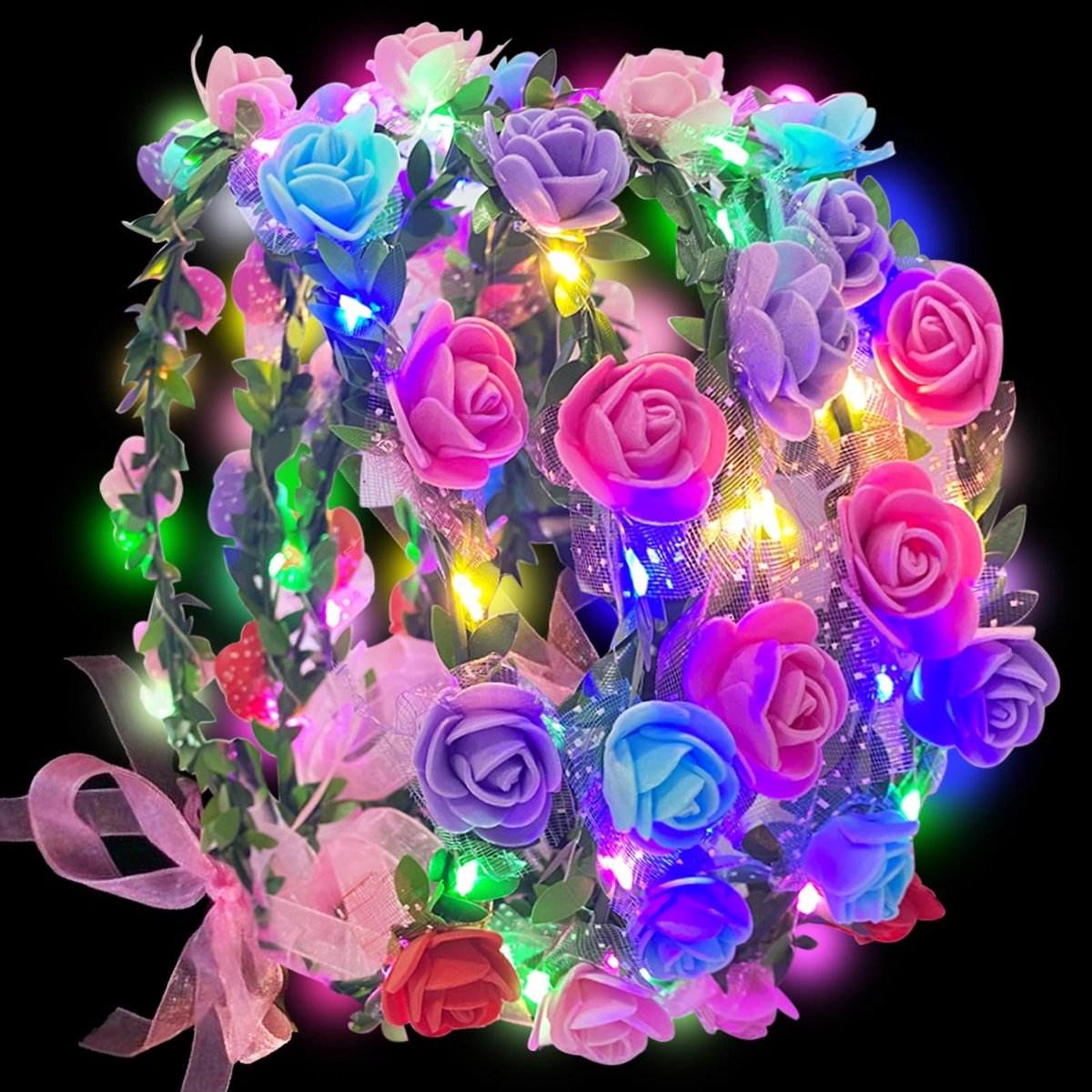Dailygoods- Bloemenkroon 5 stuks - Lichtgevende Hoofdband - Feestaccessoires - Bloemenkrans - Decoratie - Veelkleurig - Haarband