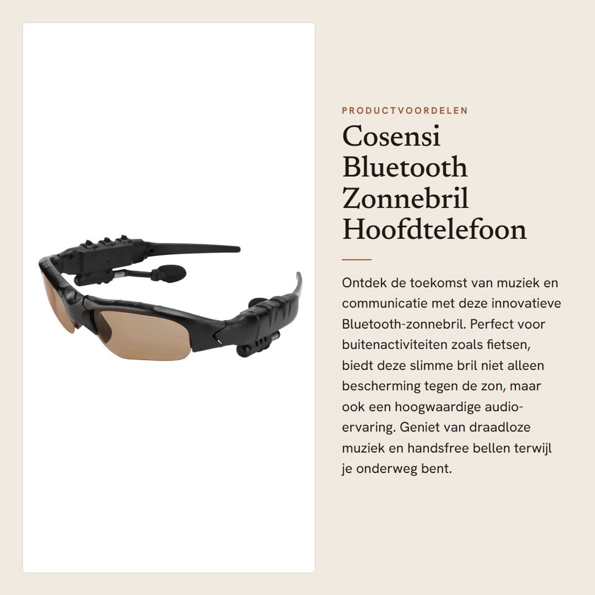 Dailygoods - Bluetooth Zonnebril Hoofdtelefoon - Draadloze Audio - Handsfree Bellen - Tawny - Slimme Bril - Voor Buiten Fietsen
